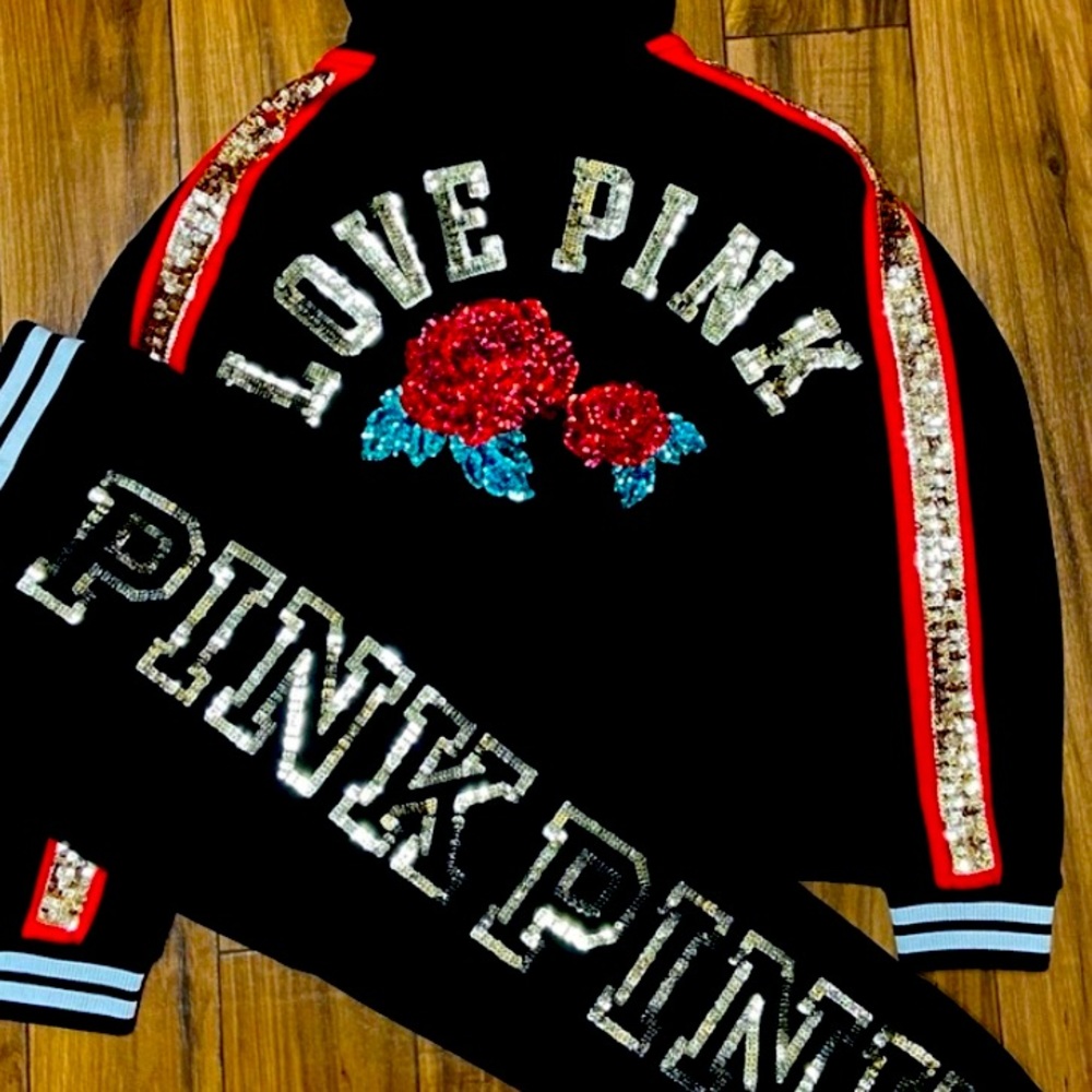 PINK VS 2017 FASHION SHOW BLING ROSES HOODIE AND JOGGERS SET REASONABLE OFFERS